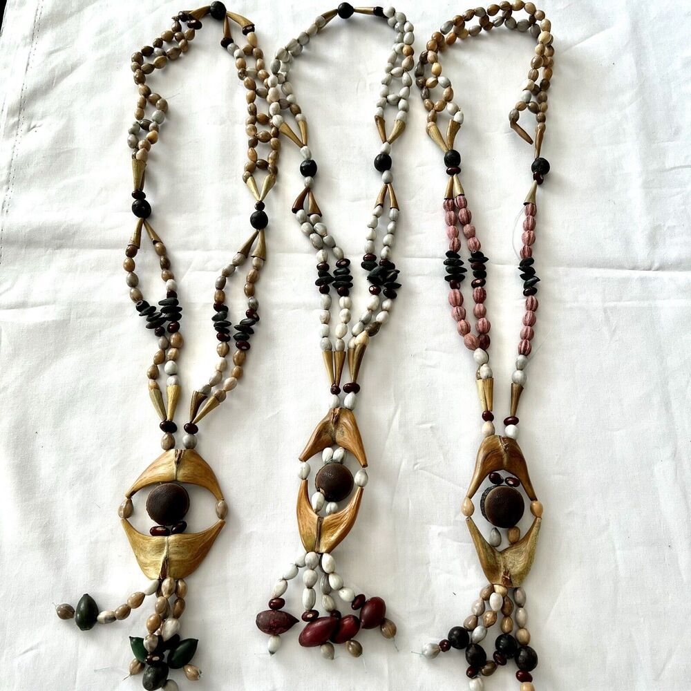 Vintage Multi Strand Multi Natural Color Wood Beaded Bohemian Tassel Necklaces